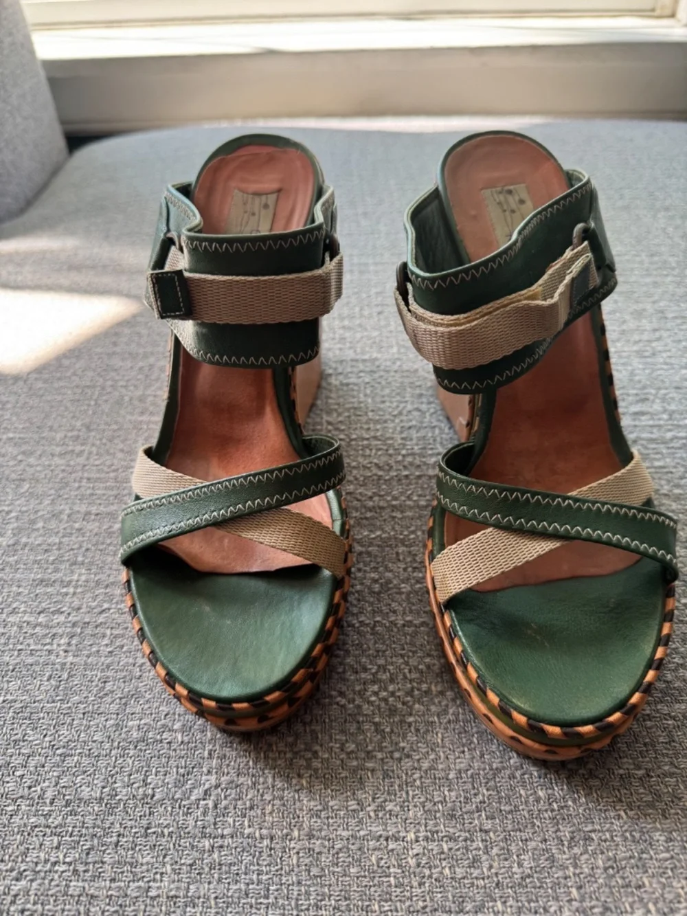 Clements Ribeiro Green Leather Wood Wedge Strappy Sandals Sz 10/EU 40
